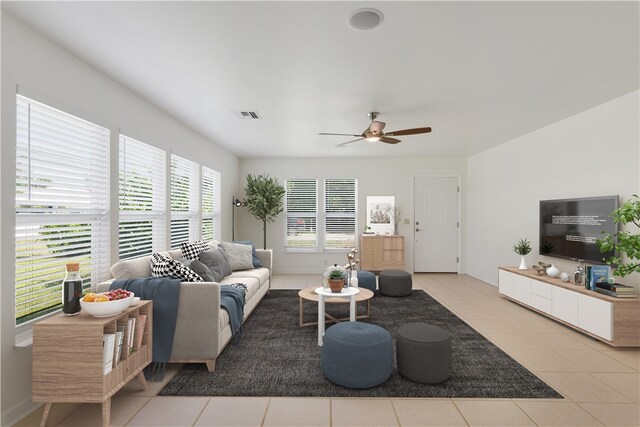 tiled living room featuring ceiling fan