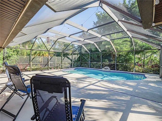 view of pool with a patio area and glass enclosure