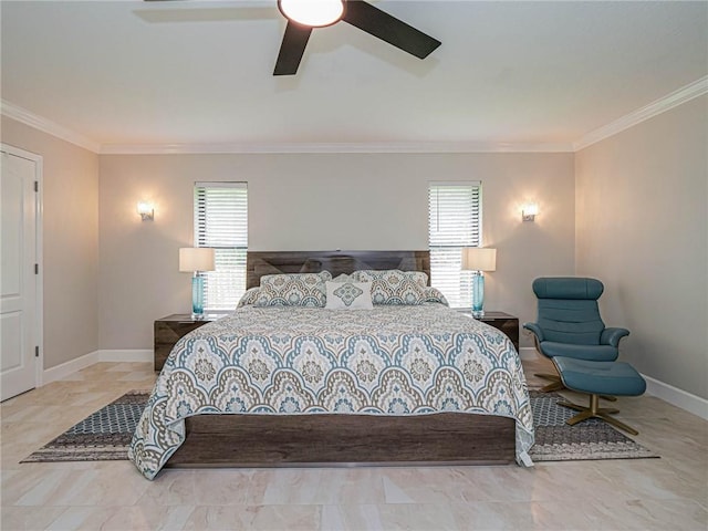 bedroom featuring crown molding and ceiling fan