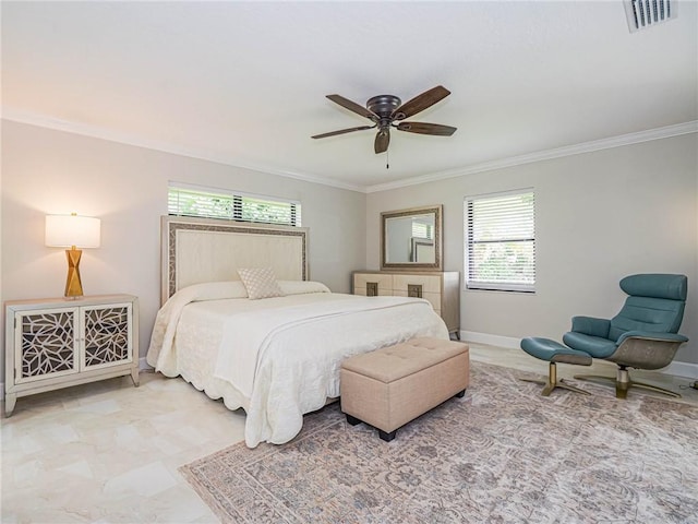 bedroom featuring crown molding and ceiling fan