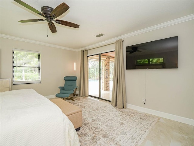 bedroom with access to exterior, crown molding, and ceiling fan