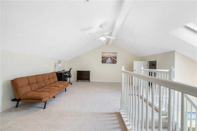 living area featuring an upstairs landing, carpet, a ceiling fan, and baseboards