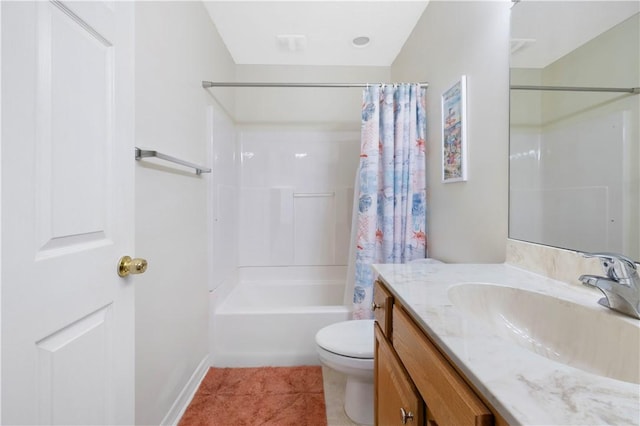 bathroom with toilet, vanity, shower / bathtub combination with curtain, tile patterned flooring, and baseboards