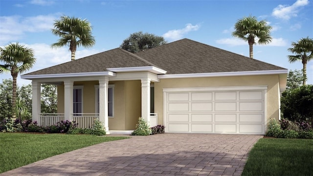 view of front of house with a garage, a front yard, and a porch