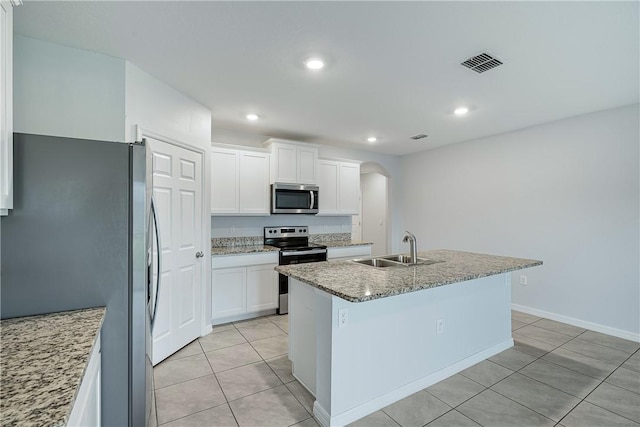 kitchen featuring stainless steel appliances, sink, a center island with sink, and white cabinets