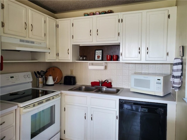 kitchen featuring white appliances, under cabinet range hood, white cabinetry, open shelves, and a sink