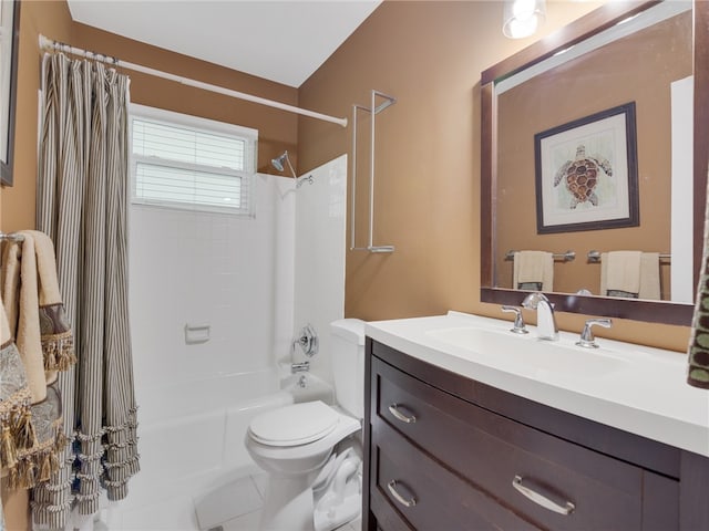 full bathroom featuring tile patterned floors, vanity, toilet, and shower / bath combo with shower curtain