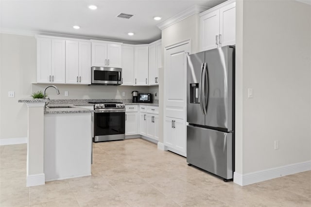 kitchen featuring sink, white cabinetry, stainless steel appliances, kitchen peninsula, and light stone countertops