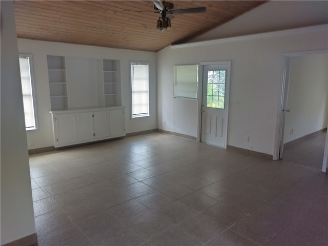 unfurnished room featuring built in features, ceiling fan, vaulted ceiling, and wooden ceiling