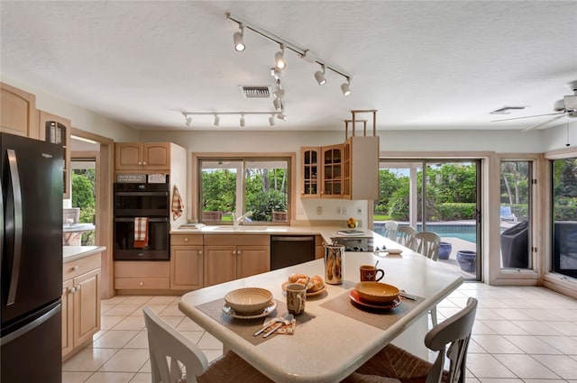 kitchen featuring light brown cabinets, light tile patterned floors, plenty of natural light, and black appliances