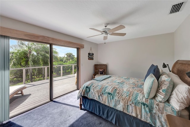 carpeted bedroom featuring ceiling fan and access to outside