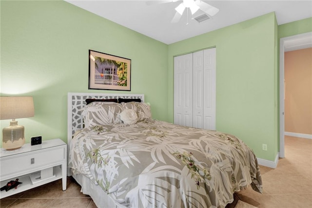 bedroom featuring ceiling fan, tile patterned floors, and a closet