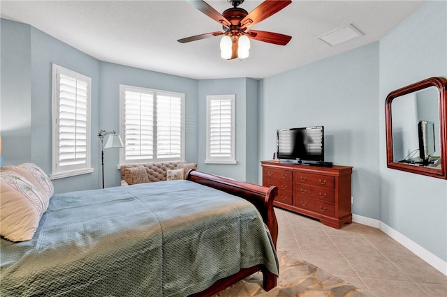 bedroom featuring ceiling fan and light tile patterned flooring