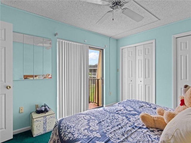 bedroom featuring ceiling fan, access to outside, a textured ceiling, and carpet