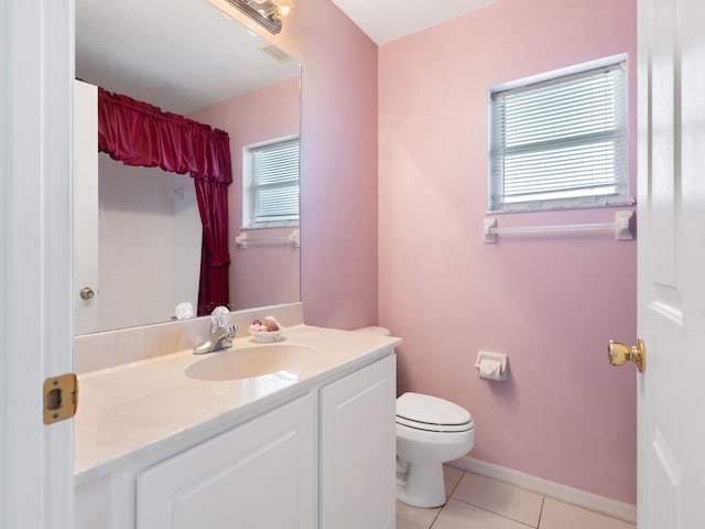 bathroom with toilet, tile patterned flooring, and vanity