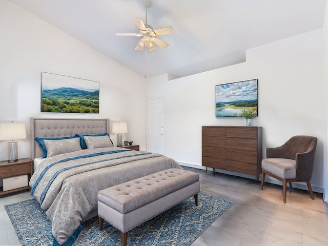 bedroom with ceiling fan and high vaulted ceiling