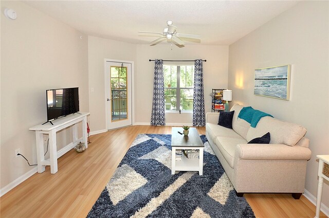 living room with light wood-type flooring and ceiling fan