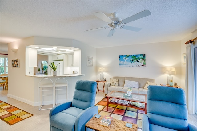 living room featuring ceiling fan, a textured ceiling, and light hardwood / wood-style flooring