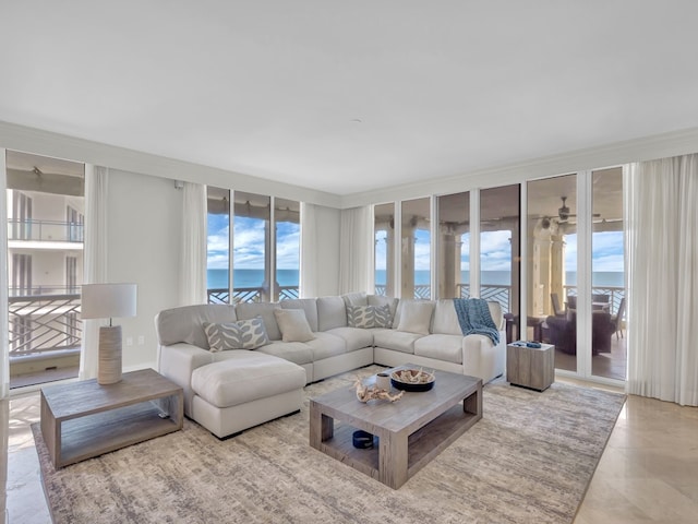 living room featuring a water view and a healthy amount of sunlight