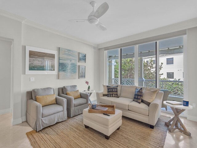 living room featuring ornamental molding, ceiling fan, and light tile patterned flooring