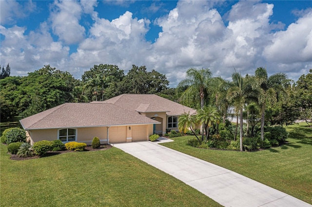 view of front facade with a garage and a front lawn