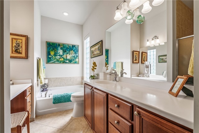 full bathroom with toilet, vanity, tile patterned floors, and plus walk in shower