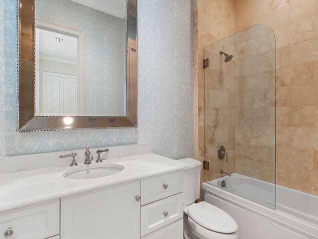 full bathroom with toilet, shower / bath combination with glass door, crown molding, and vanity