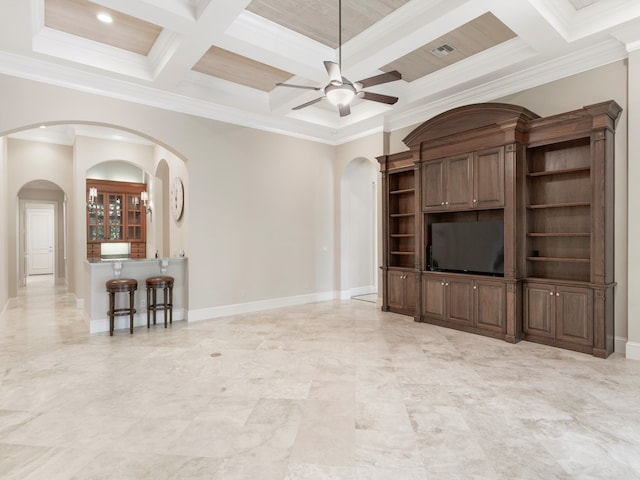 unfurnished living room featuring ceiling fan, beamed ceiling, crown molding, and coffered ceiling