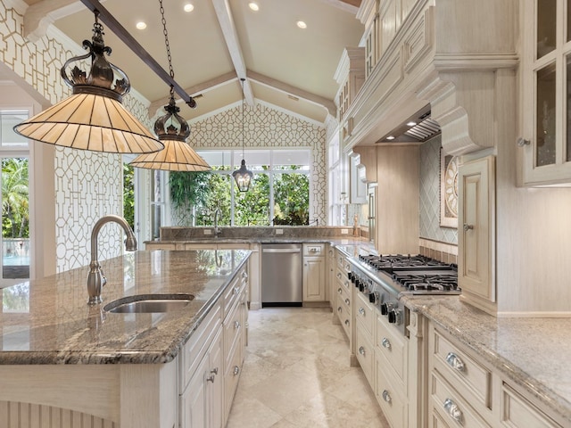 kitchen featuring stainless steel appliances, a healthy amount of sunlight, dark stone counters, sink, and a large island