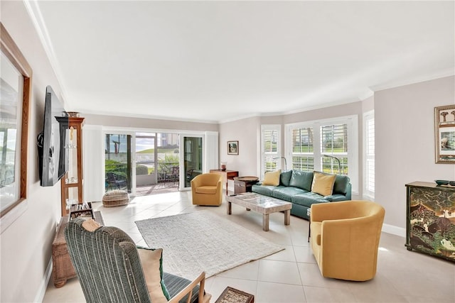 tiled living room with ornamental molding and a wealth of natural light