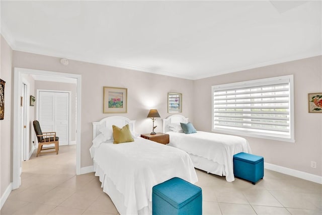 tiled bedroom with crown molding