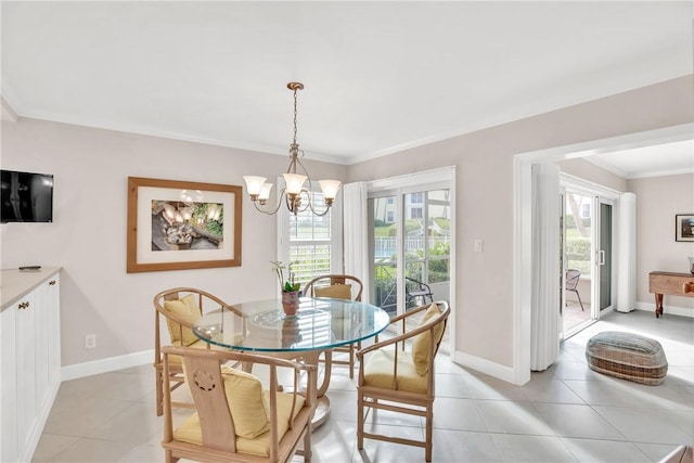 dining space with a notable chandelier, crown molding, and light tile patterned floors