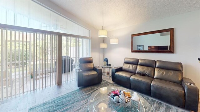 living room featuring a textured ceiling and vaulted ceiling