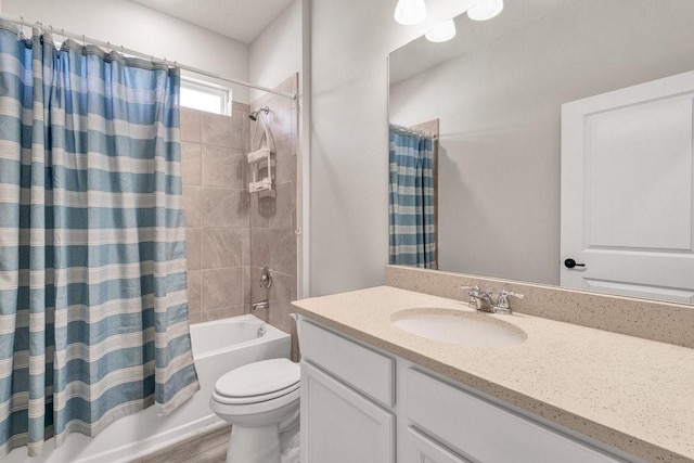 full bathroom with shower / bath combo, toilet, wood-type flooring, and vanity