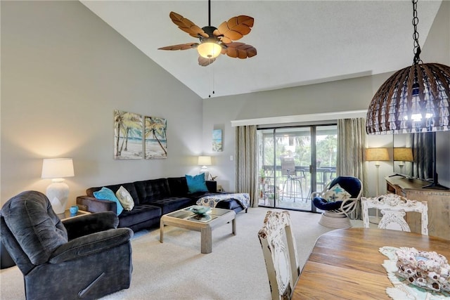 5725 Pelican Pointe Dr Unit 4, Sebastian, FL 32958 - living area with high vaulted ceiling, carpet, and a ceiling fan