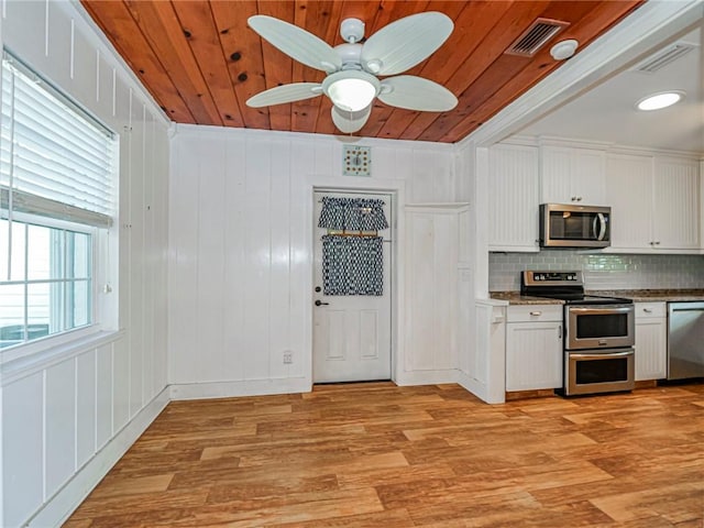 kitchen with wood ceiling, appliances with stainless steel finishes, light wood finished floors, and white cabinetry