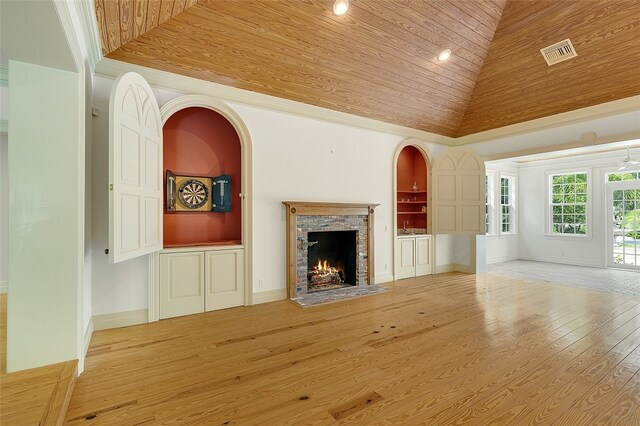 unfurnished living room with hardwood / wood-style floors, high vaulted ceiling, and wooden ceiling