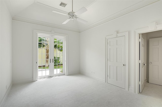 spare room with french doors, ceiling fan, and crown molding