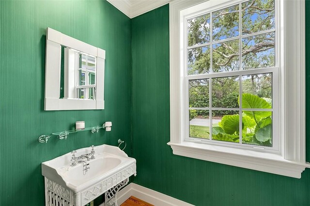 201 Sundial Ct, Vero Beach, FL 32963 - bathroom with healthy amount of natural light, baseboards, crown molding, and a sink
