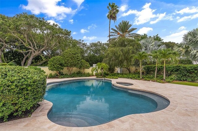 201 Sundial Ct, Vero Beach, FL 32963 - view of swimming pool with an in-ground hot tub, a fenced backyard, and a patio