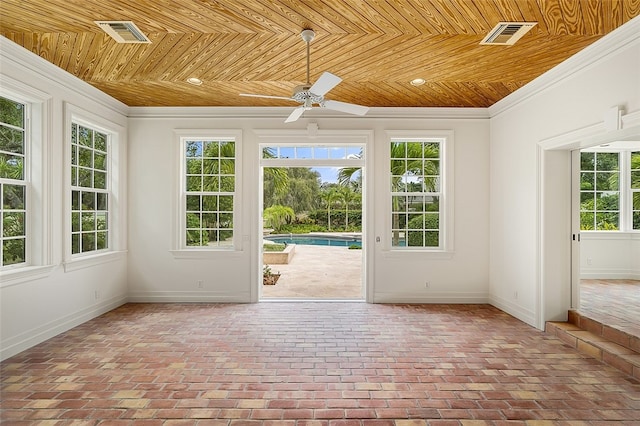 unfurnished sunroom with wood ceiling, ceiling fan, and a pool