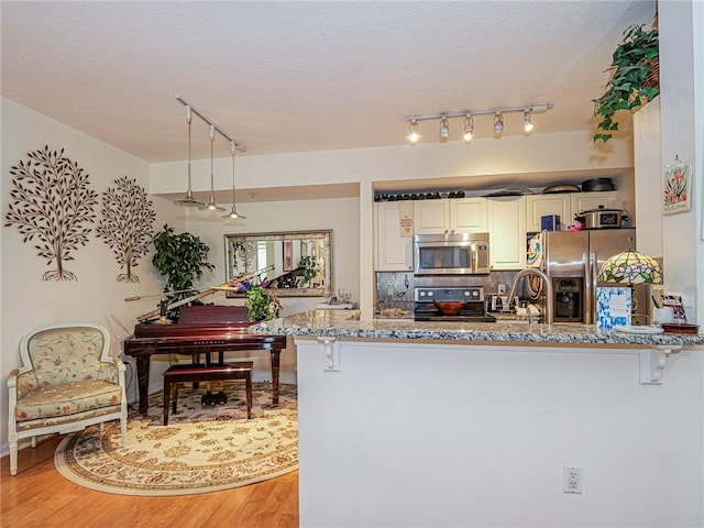 5095 Fairways Cir Unit I203, Vero Beach, FL 32967 - kitchen featuring rail lighting, appliances with stainless steel finishes, light stone countertops, tasteful backsplash, and light wood finished floors