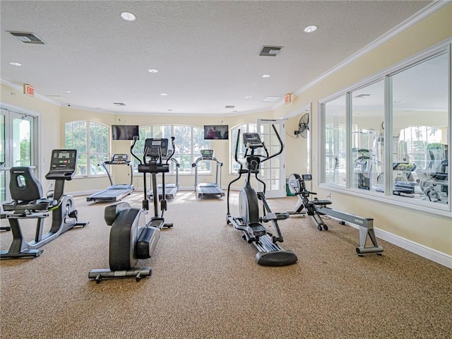5095 Fairways Cir Unit I203, Vero Beach, FL 32967 - gym featuring ornamental molding, carpet flooring, a textured ceiling, and recessed lighting