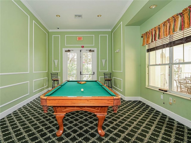 5095 Fairways Cir Unit I203, Vero Beach, FL 32967 - playroom with a decorative wall, ornamental molding, carpet flooring, and billiards