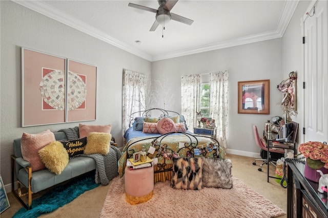 bedroom featuring carpet, ceiling fan, and crown molding