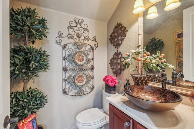 bathroom with lofted ceiling, toilet, and vanity