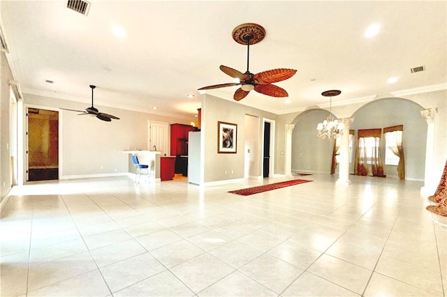 living room featuring light tile patterned floors, ornamental molding, and ceiling fan with notable chandelier