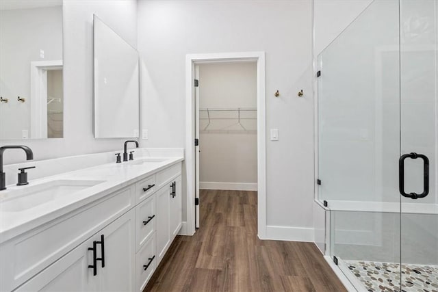 bathroom featuring vanity, wood-type flooring, and a shower with shower door