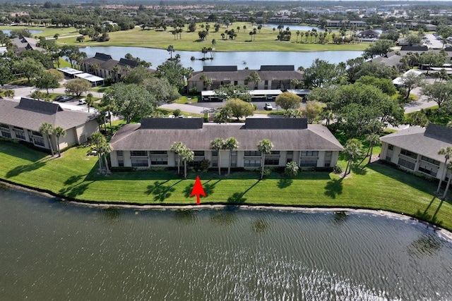 aerial view with a water view and a residential view