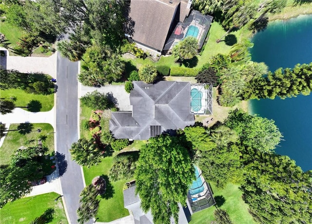 aerial view featuring a water view